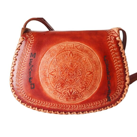 Vintage Handcrafted Mexican Leather Crossbody Bag With Floral & Aztec - Picture 6 of 8